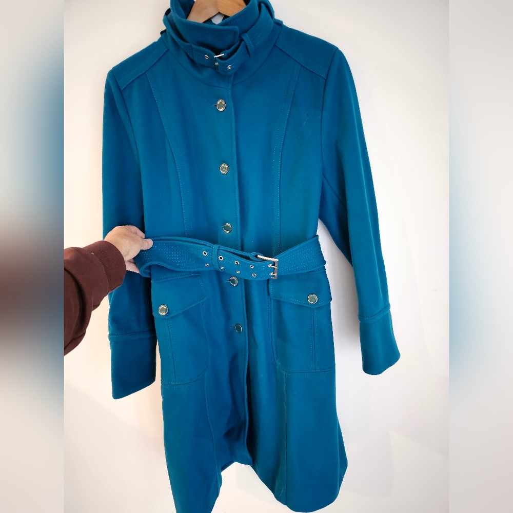Kenneth Cole New York • Long Peacoat •  Teal •WSize 12 • 60% Wool Blend